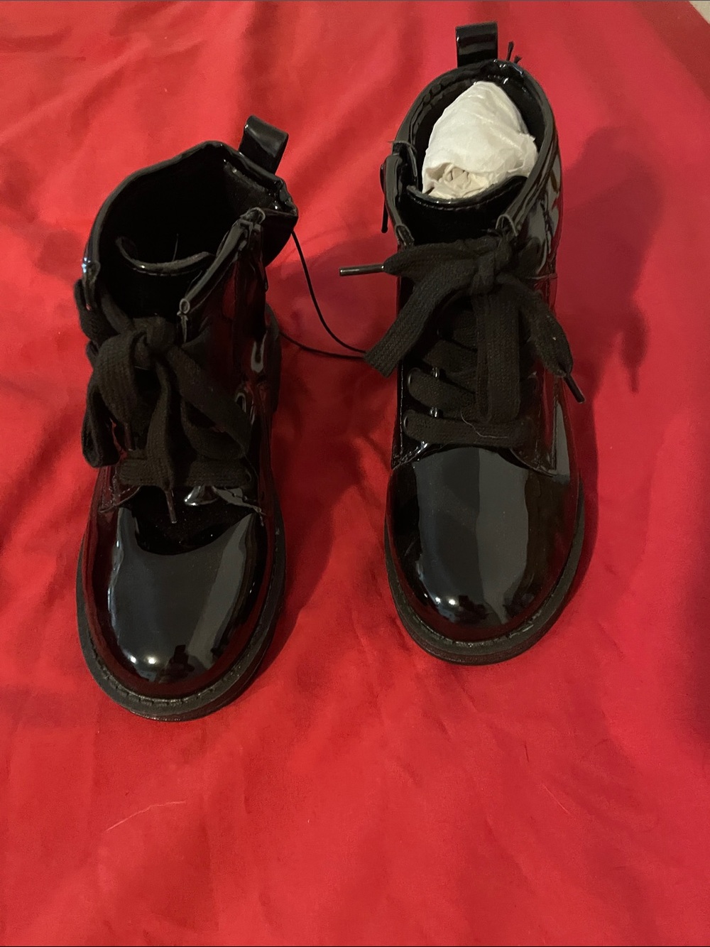 MIA Kids Black Patent Lace-Up Ankle Boots with Side Zip